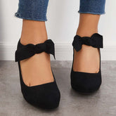 Thick Heel Pumps Bowknot Round Toe Ankle Strap Heels Oshnow